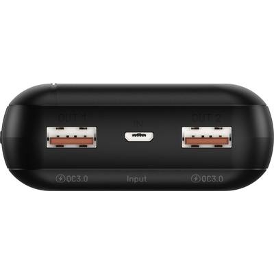 Černé elektronické zařízení se dvěma USB výstupy a jedním mini USB vstupem, označené štítkem "QC3.0" a "Input".
