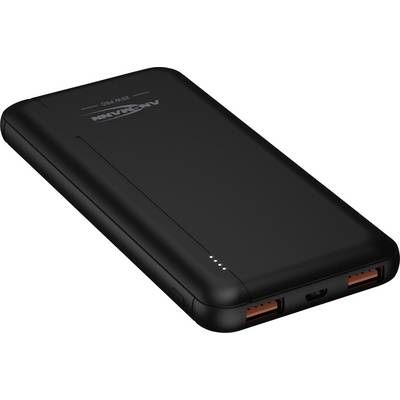 Černá powerbanka se dvěma USB porty a micro-USB portem na přední straně. LED kontrolky indikují stav nabití.