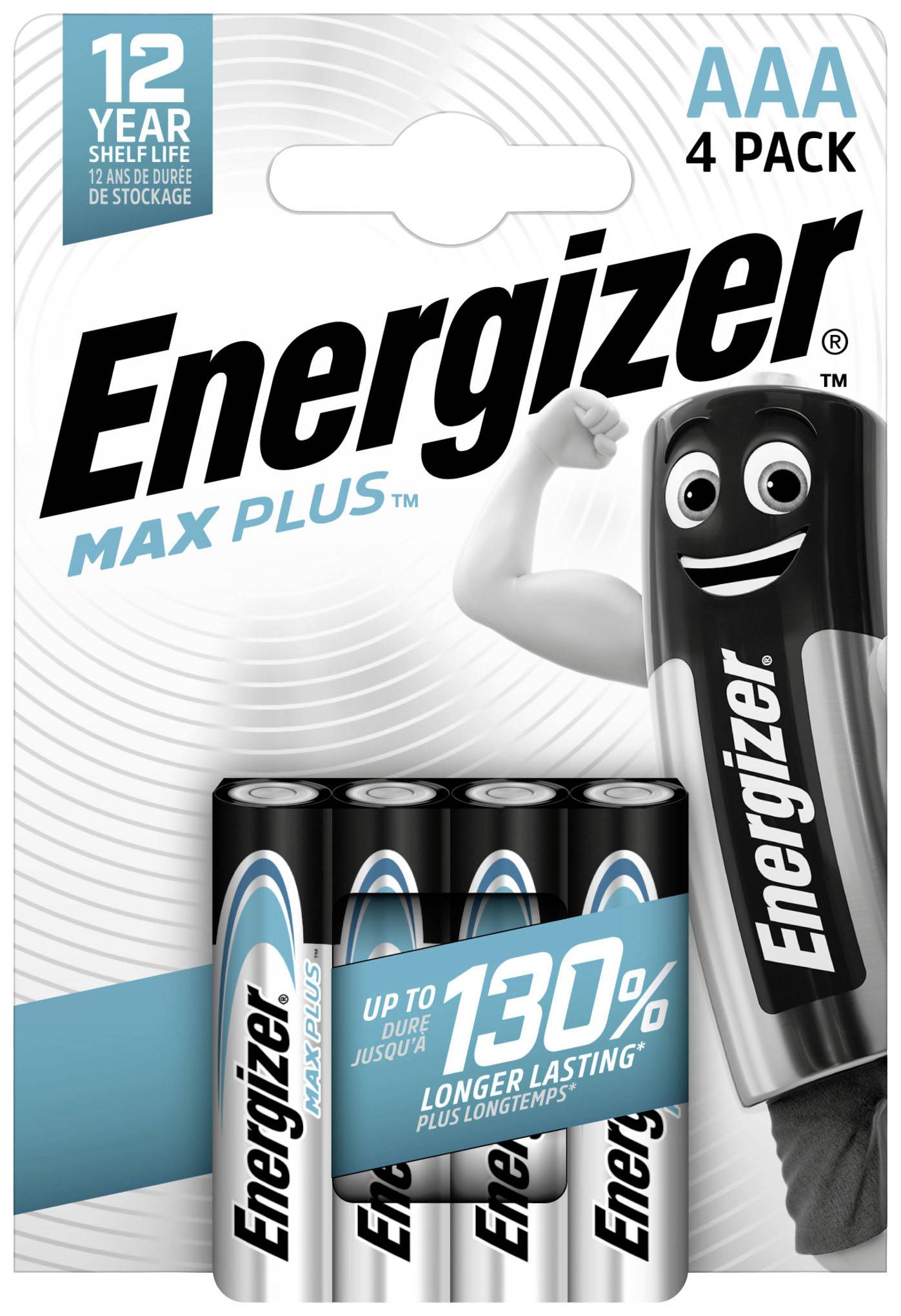 Čtyři AAA baterie Energizer Max Plus v balení. Text značky nahoře, charakteristický design baterie; reklama na delší výdrž.