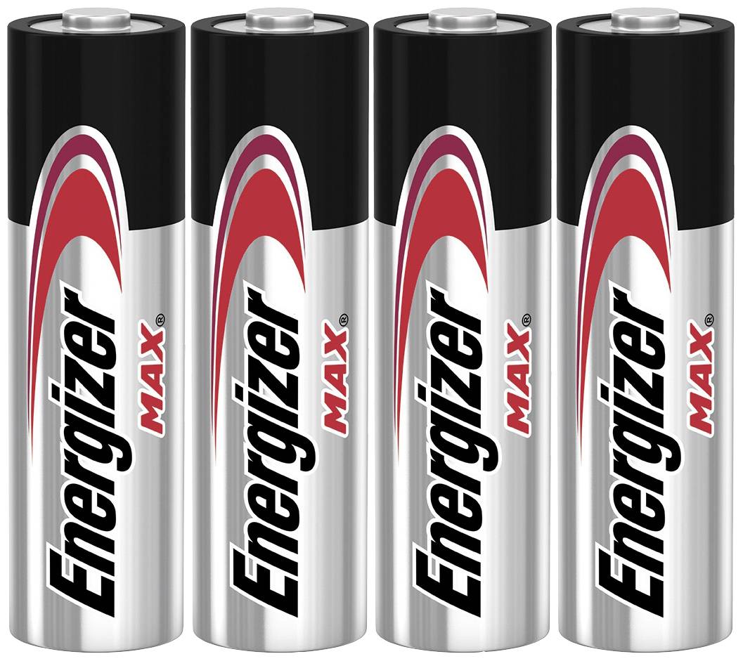 Čtyři baterie Energizer Max v řadě, stříbrné s červeným a černým potiskem.