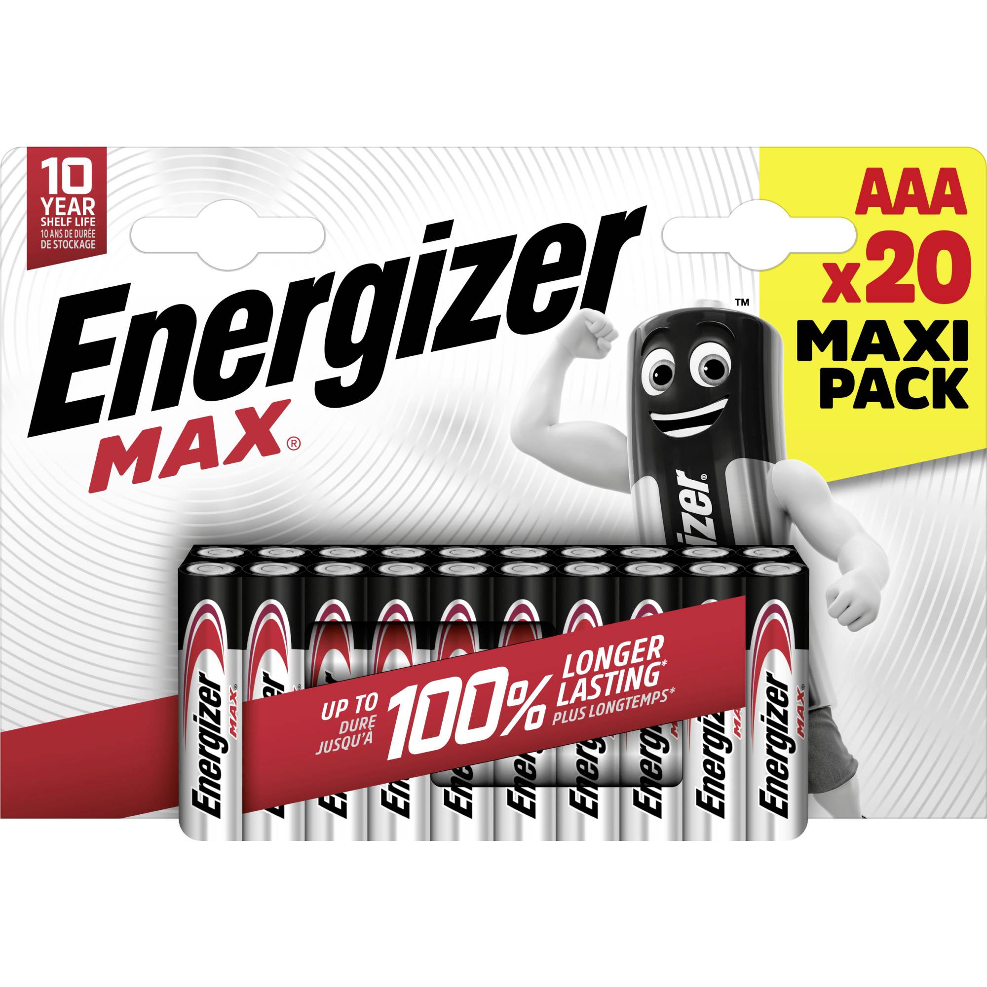 'Energizer MAX AAA 20ks velké balení baterií. 100% déle trvající výkon. Vlevo nahoře je napsáno "10 let skladovatelnosti".'