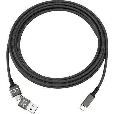 Černý USB kabel s konektory USB-A a USB-C, vhodný pro nabíjení nebo přenos dat mezi zařízeními.