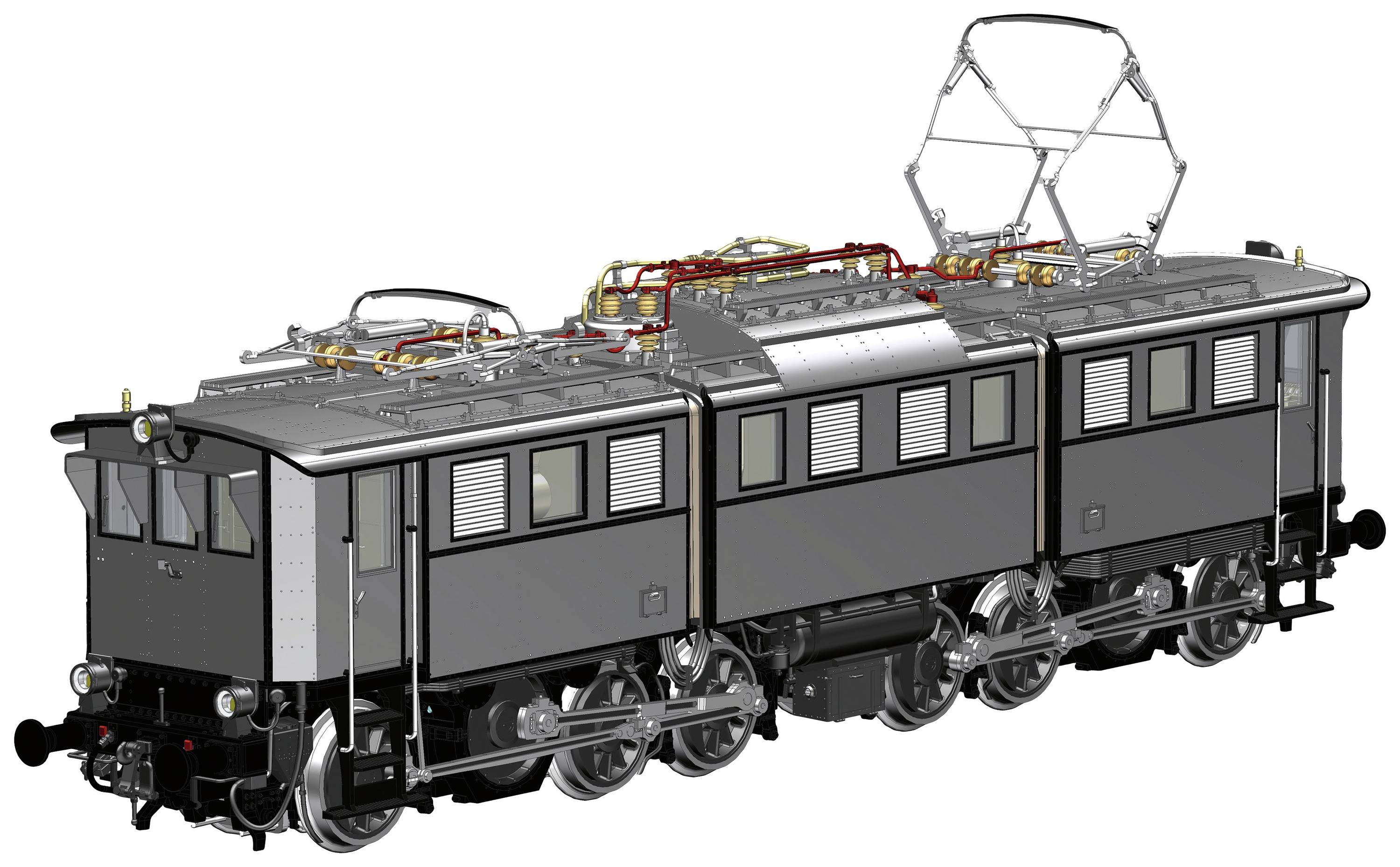 Šedá historická elektrická lokomotiva se čtyřmi nápravami a sběračem proudu na střeše.