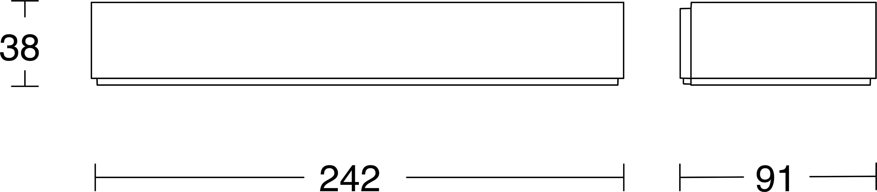 Diagram znázorňující vodorovný obdélníkový tvar označený 242 a menší obdélník označený 91, s rozměrem výšky 38 na levé straně.