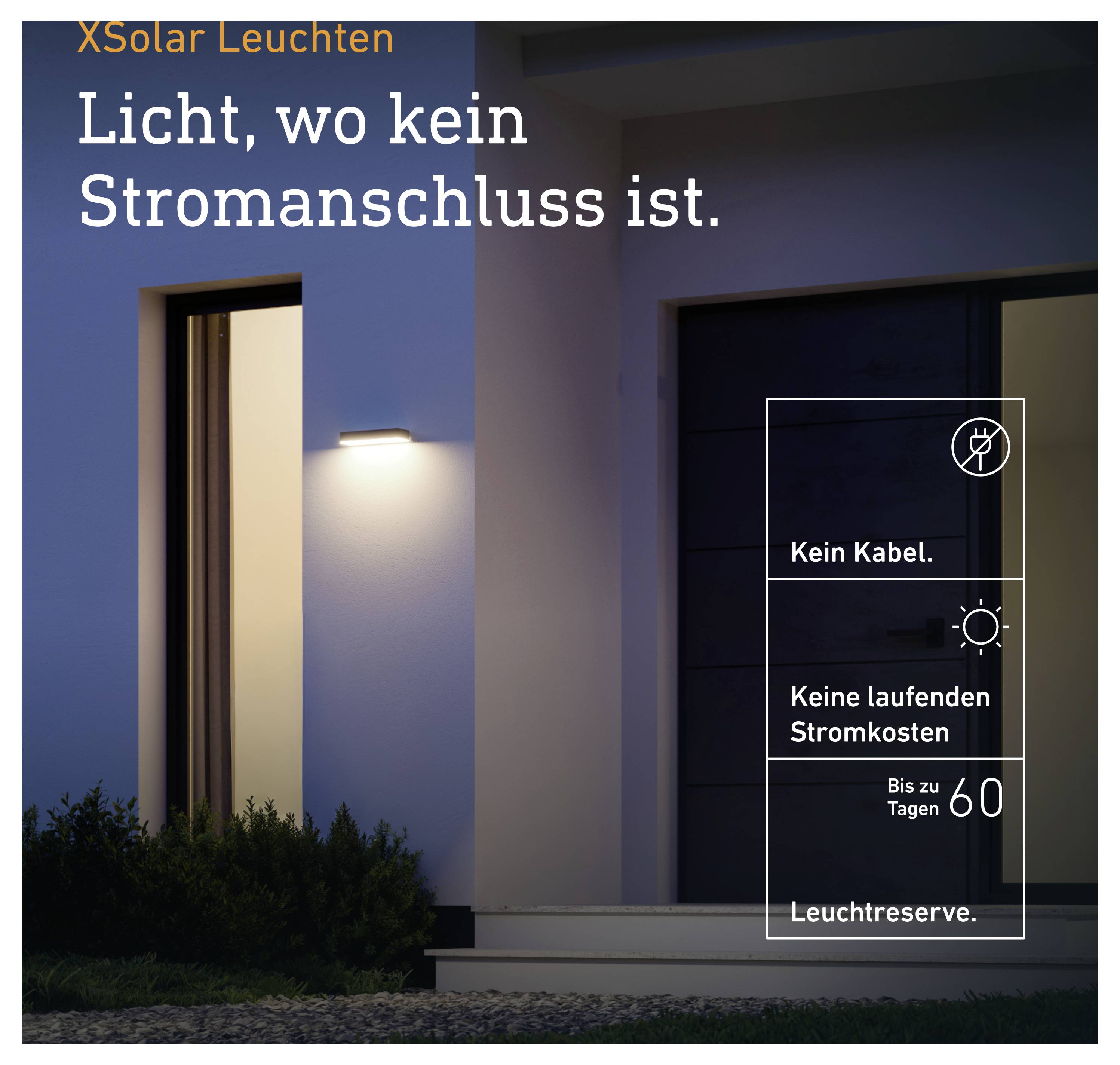 Reklamní inzerát pro XSolar Svítidla: Dům s venkovní lampou v noci, text „Světlo, kde není připojení k elektřině." a také „Bez kabelů", „Žádné běžné elektrikářské náklady", „Až 60 dní záložního osvětlení."