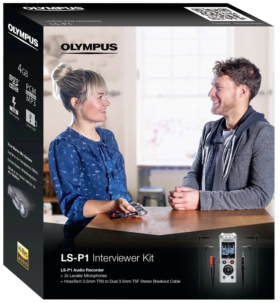 Sada pro rozhovory LS-P1: 4GB digitální rekordér, 2 klopové mikrofony, propojovací kabel host-to-host a stereo adaptérový kabel 3,5 mm TRS na duální 3,5 mm TSF.