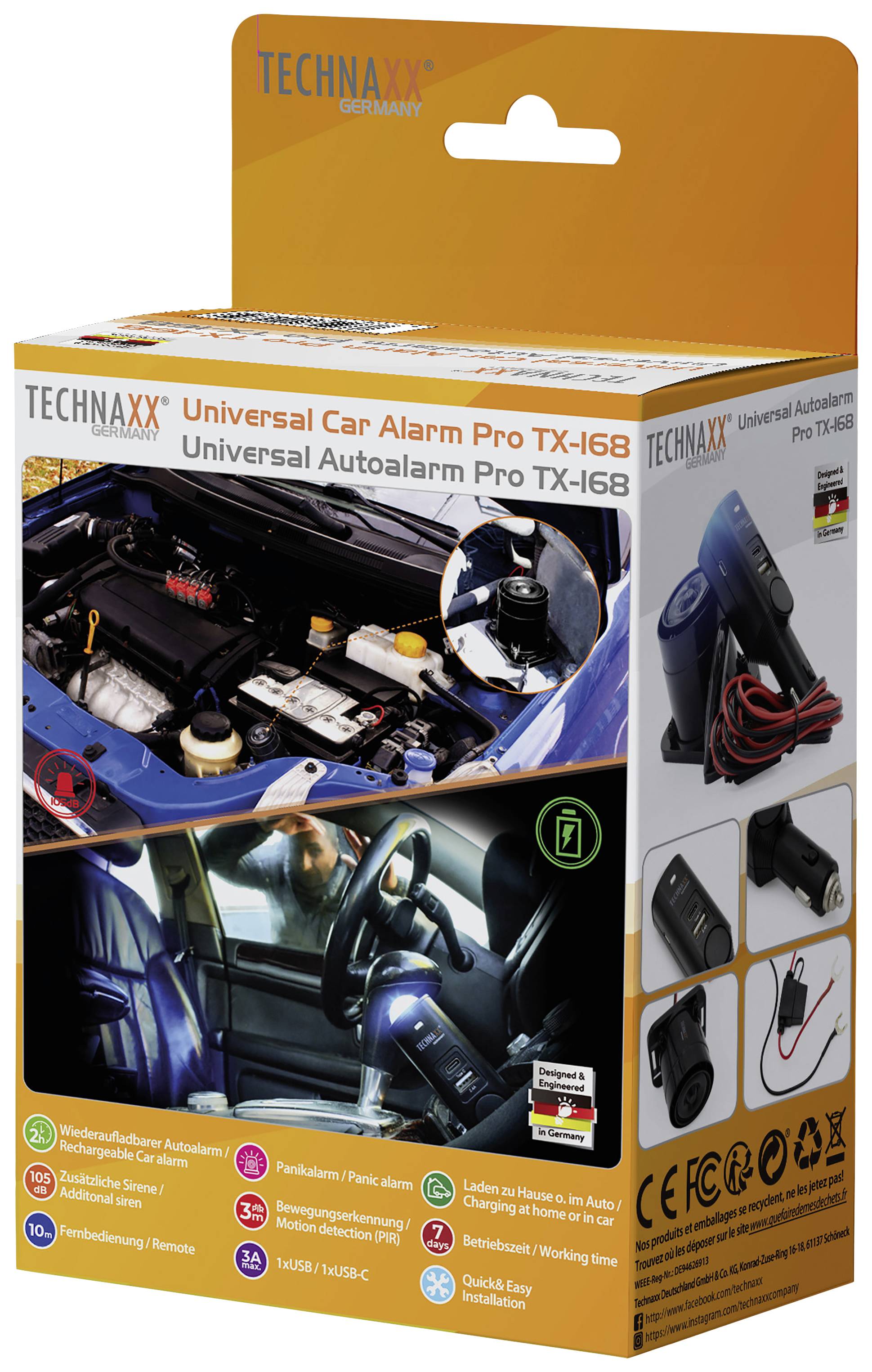 Obal 'Technaxx Universal Autoalarm Pro TX-16B' s obrázky zařízení a příklady použití; zvýrazněné bezpečnostní prvky.