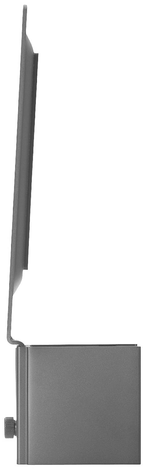 Boční pohled na tenký, moderní počítačový monitor umístěný na obdélníkovém stojanu; minimalistický a elegantní.