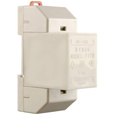 Bílý elektrický transformátor zvonku pro montáž na DIN lištu s modelovým číslem 7770 od společnosti Byron, 8V, 1,0A.