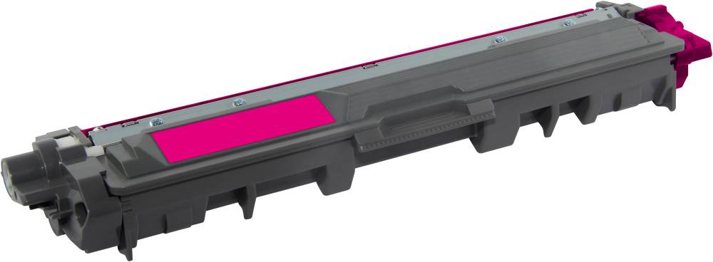 Purpurová tonerová kazeta s černým tělem a růžovým štítkem, položená na ploše. Vhodná pro barevný tisk v laserovských tiskárnách.