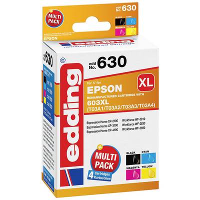 Multipack inkoustových cartridgí od Eddingu, kompatibilní s tiskárnami Epson. Obsahuje čtyři barvy: černou, azurovou, purpurovou a žlutou.