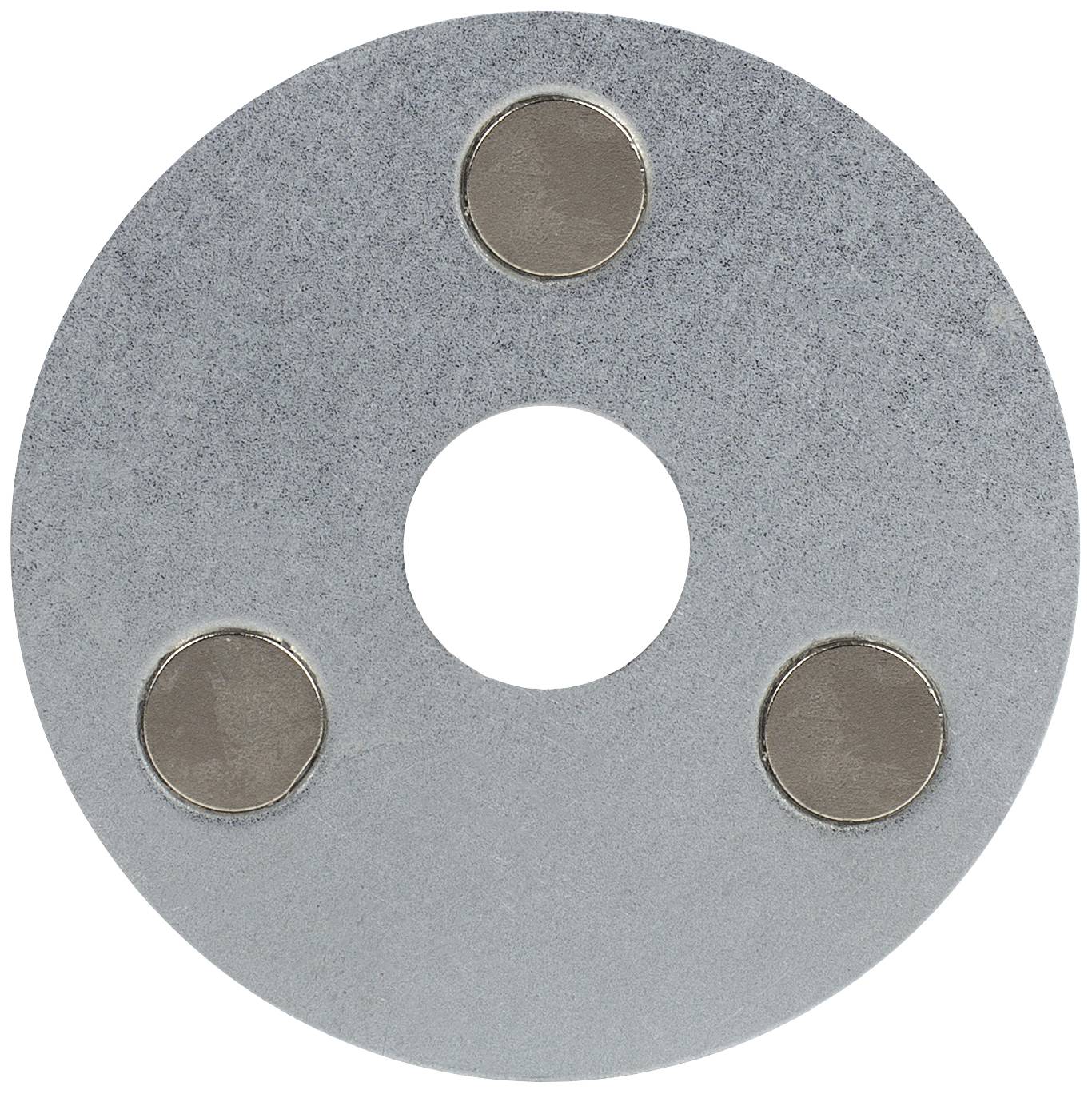 Šedý, kruhovitý kovový disk se čtyřmi kulatými magnety na vnějších okrajích a centrálním otvorem.