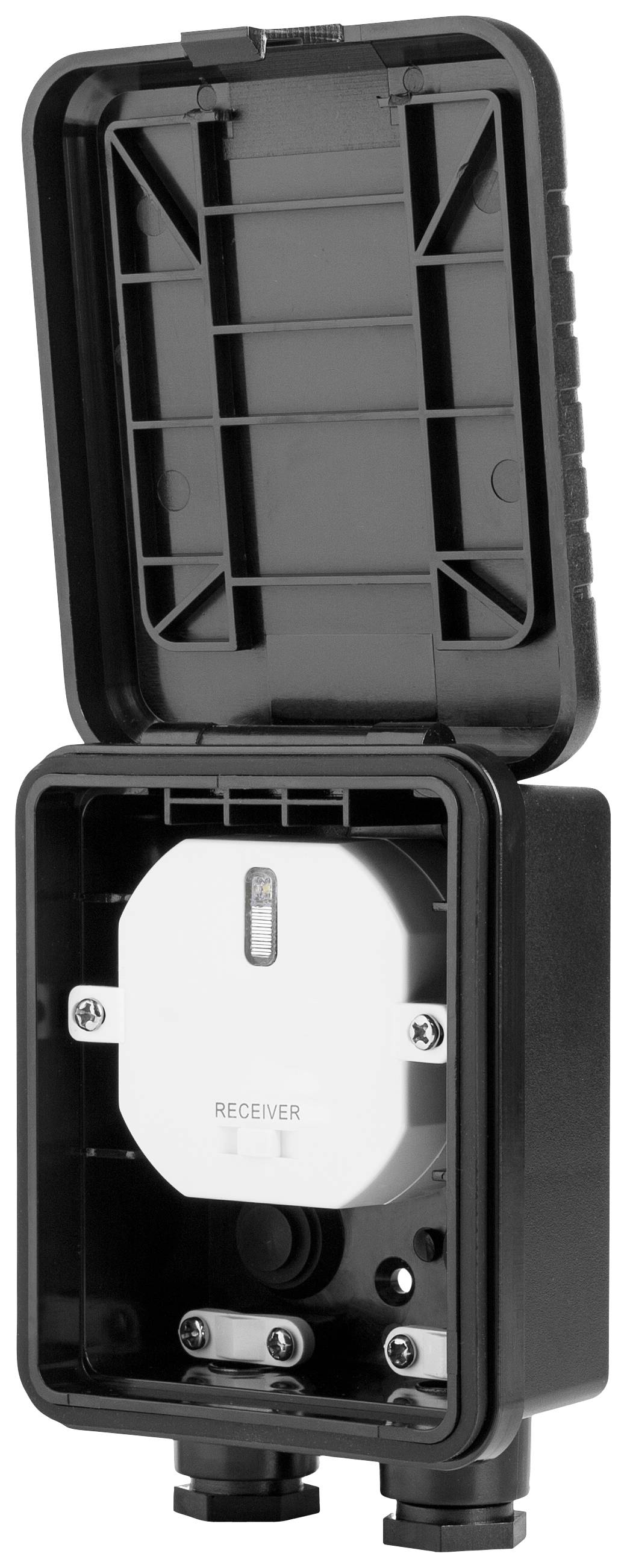 Černý otevřený plastový box s bílou elektrickou přijímací jednotkou upevněnou uprostřed.