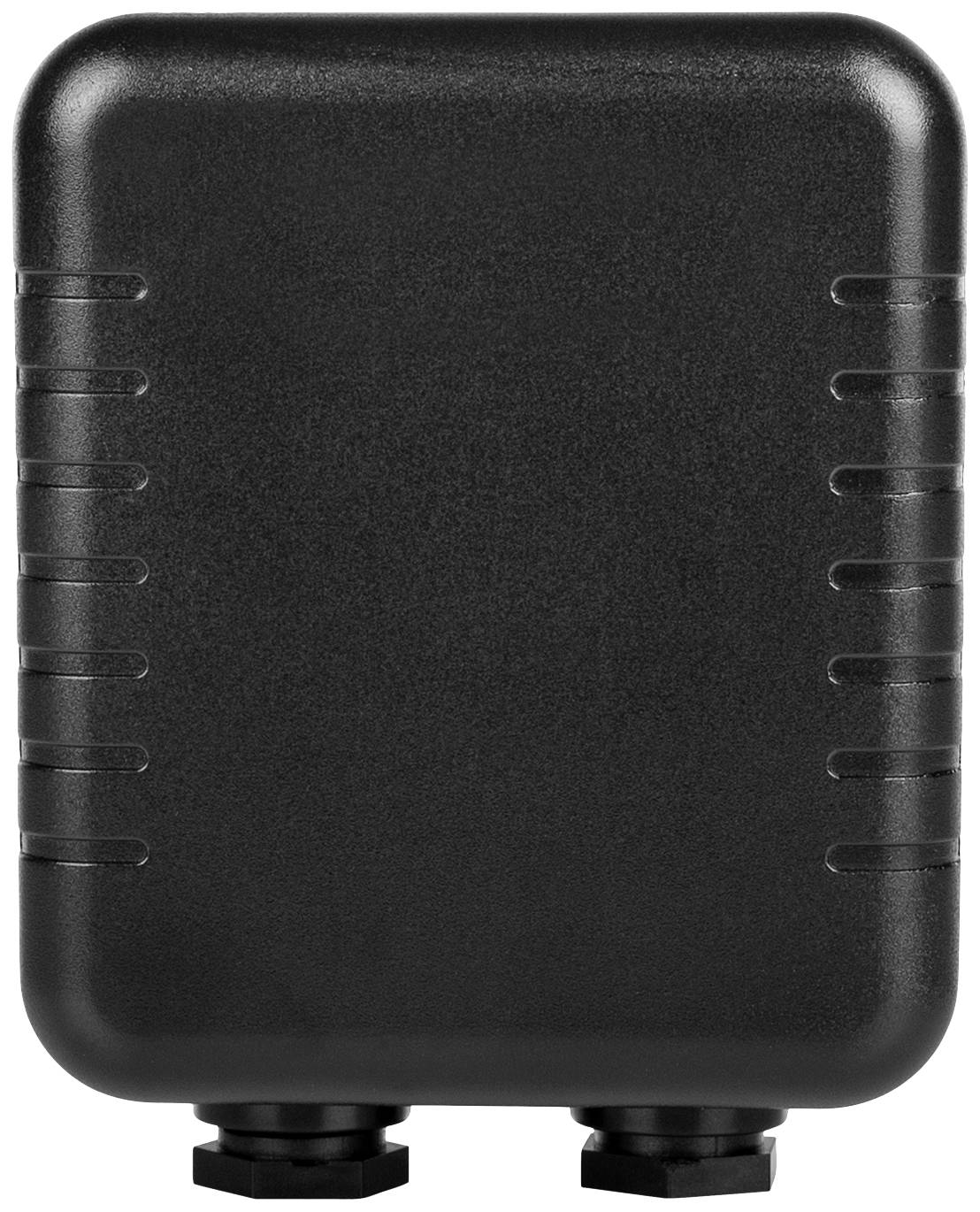 Černé, obdélníkové zařízení se zaoblenými rohy, se dvěma konektory dole, pravděpodobně nějaký elektronický modul.