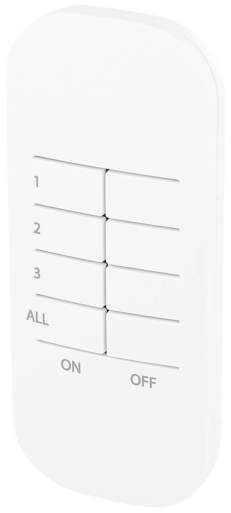 Bílé dálkové ovládání se šesti tlačítky označenými '1', '2', '3', 'ALL', 'ON', 'OFF'.