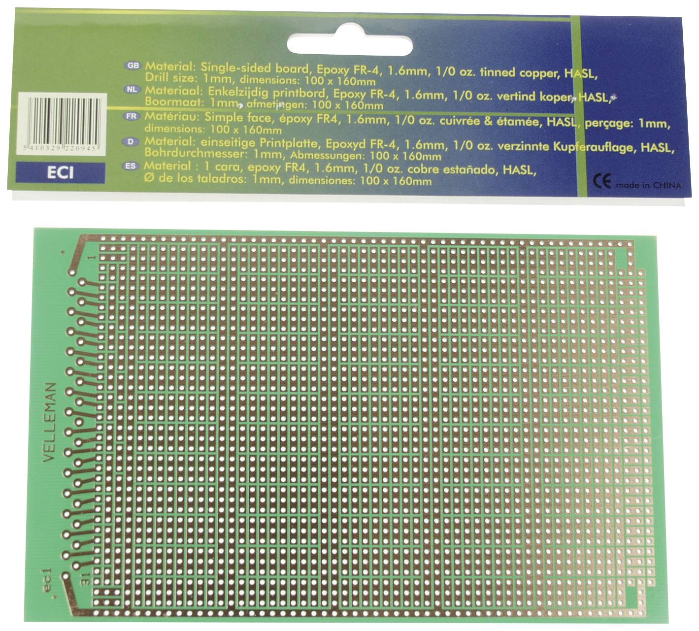 Velleman ECI eurodeska (d x š x v) 160 x 100 x 17.50 mm Množství 1 ks