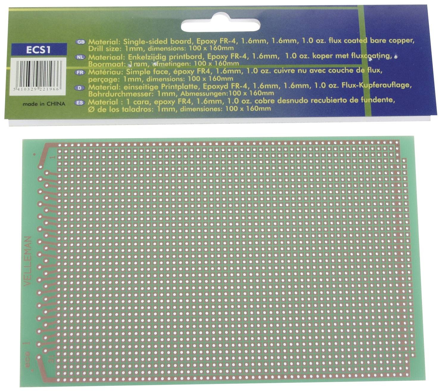 Jednostranná deska plošných spojů, epoxid FR-4, tloušťka 1,6 mm, měděná vrstva 1 unce, rozměr: 100x160 mm. Obal obsahuje detaily materiálu.
