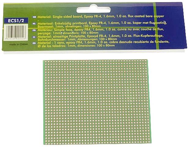 Zelený materiál desky plošných spojů 10x8 cm na papírovém pozadí. Materiál: Epoxid FR-4, tloušťka 1,6 mm, měděná vrstva.