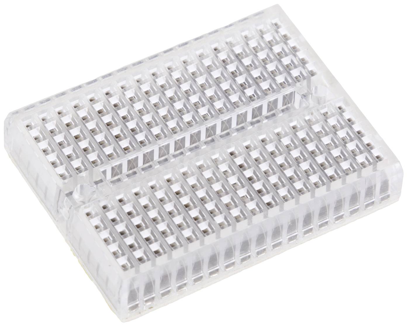 Bílá nepájivá kontaktní deska (breadboard) s mnoha připojovacími body je zobrazena. Slouží k vytváření prototypů elektronických obvodů.