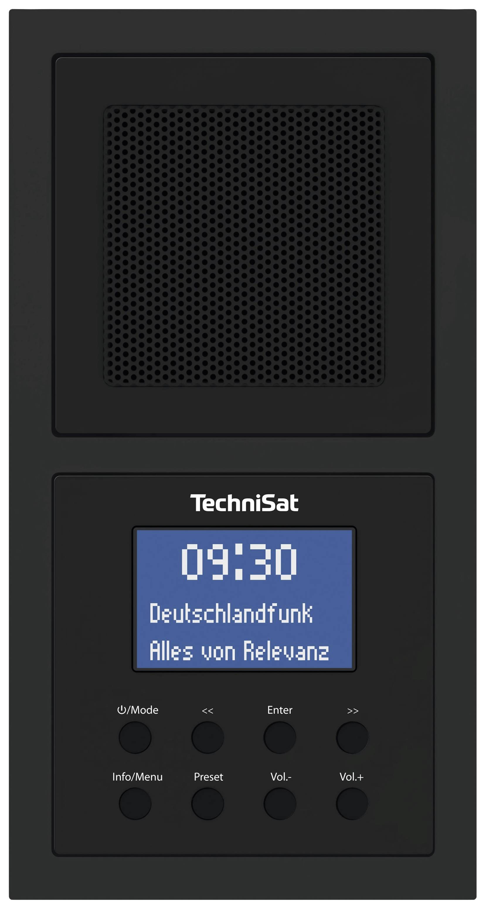 Černé rádio s digitálním displejem '09:30 Deutschlandfunk Vše podstatné'. Tlačítka pro hlasitost, režim a nabídky pod displejem.
