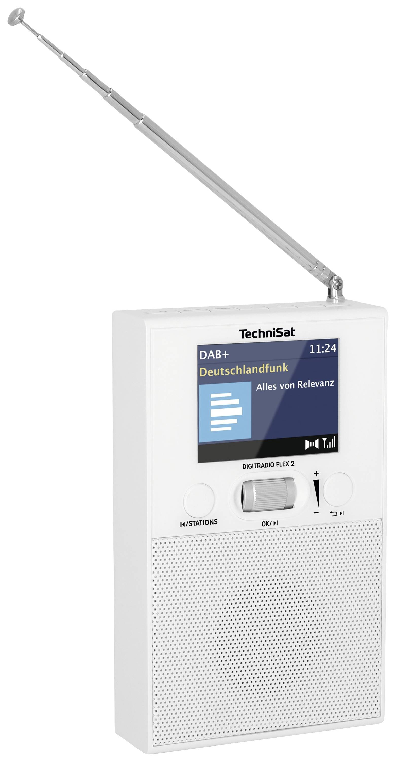 Přenosné rádio DAB+ v bílé barvě s výsuvnou anténou zobrazuje na displeji stanici 'Deutschlandfunk' s pořadem 'Alles von Relevanz'.