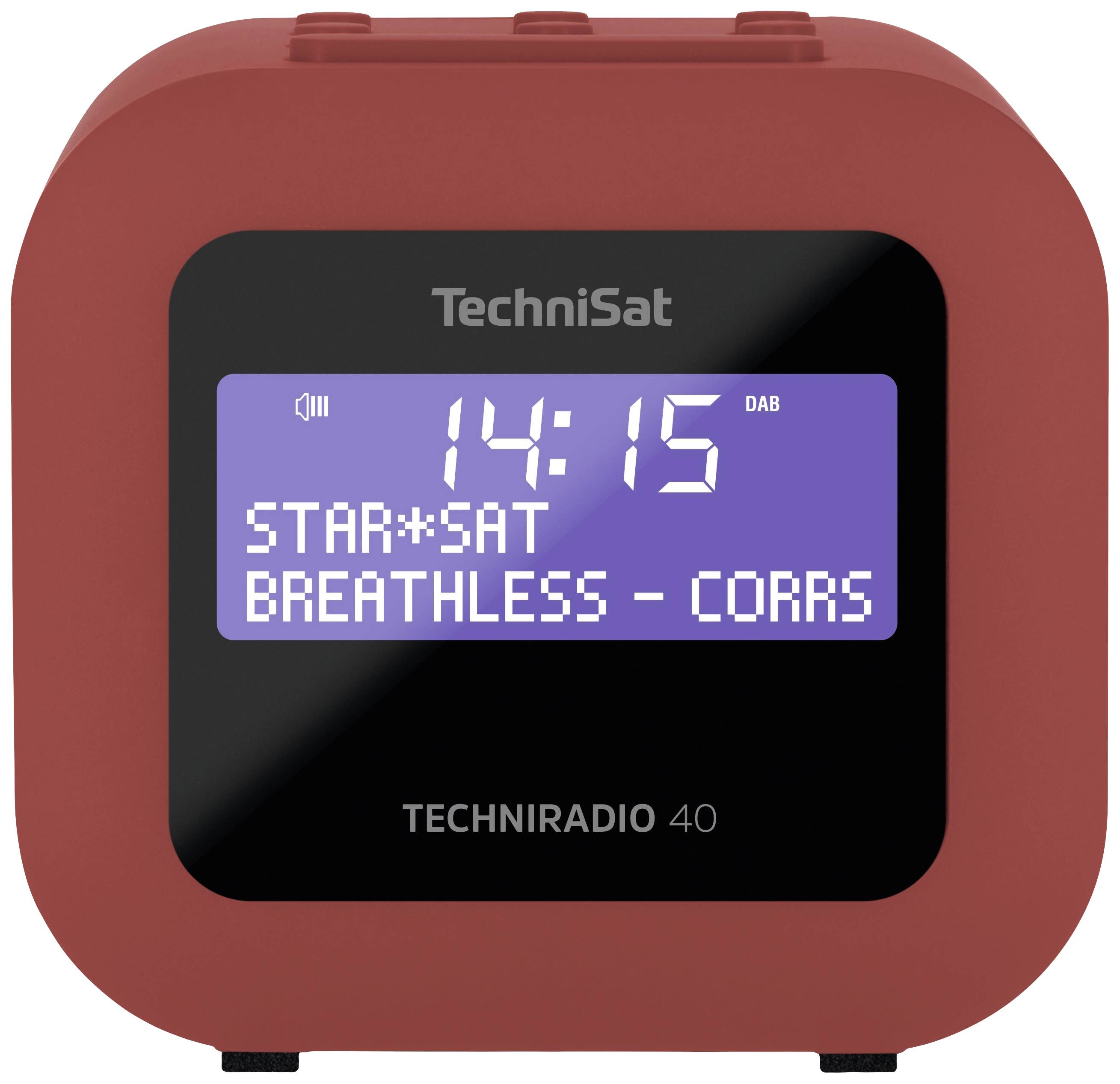 Červené digitální rádio od TechniSatu s displejem: '14:15, STAR*SAT, DECH VYRÁŽÍ - CORRS'. Model: TECHNIRADIO 40.