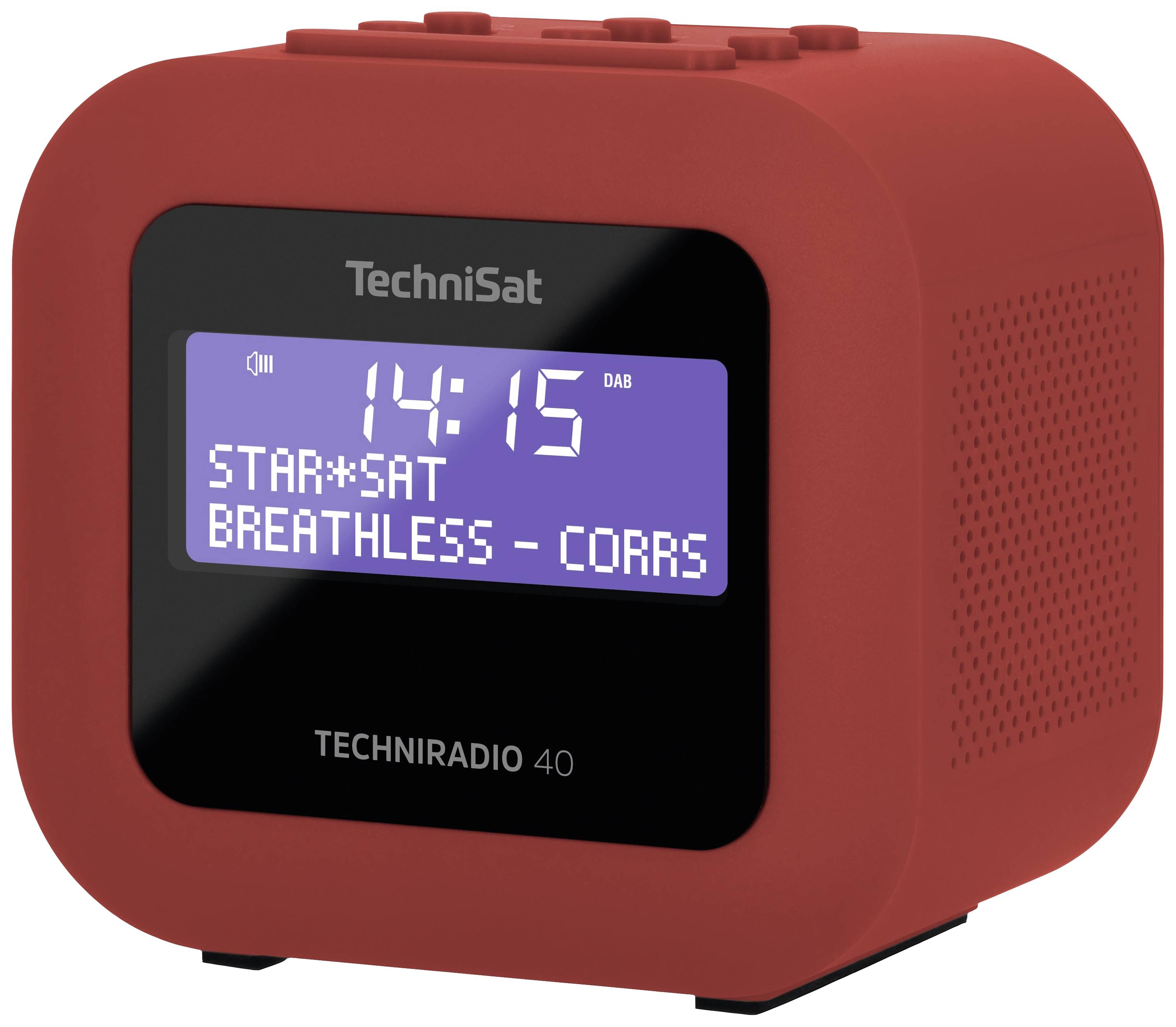 Červené digitální rádio s displejem: '14:15, STAR*SAT, BREATHLESS - CORRS', model Techniradio 40 od společnosti TechniSat.