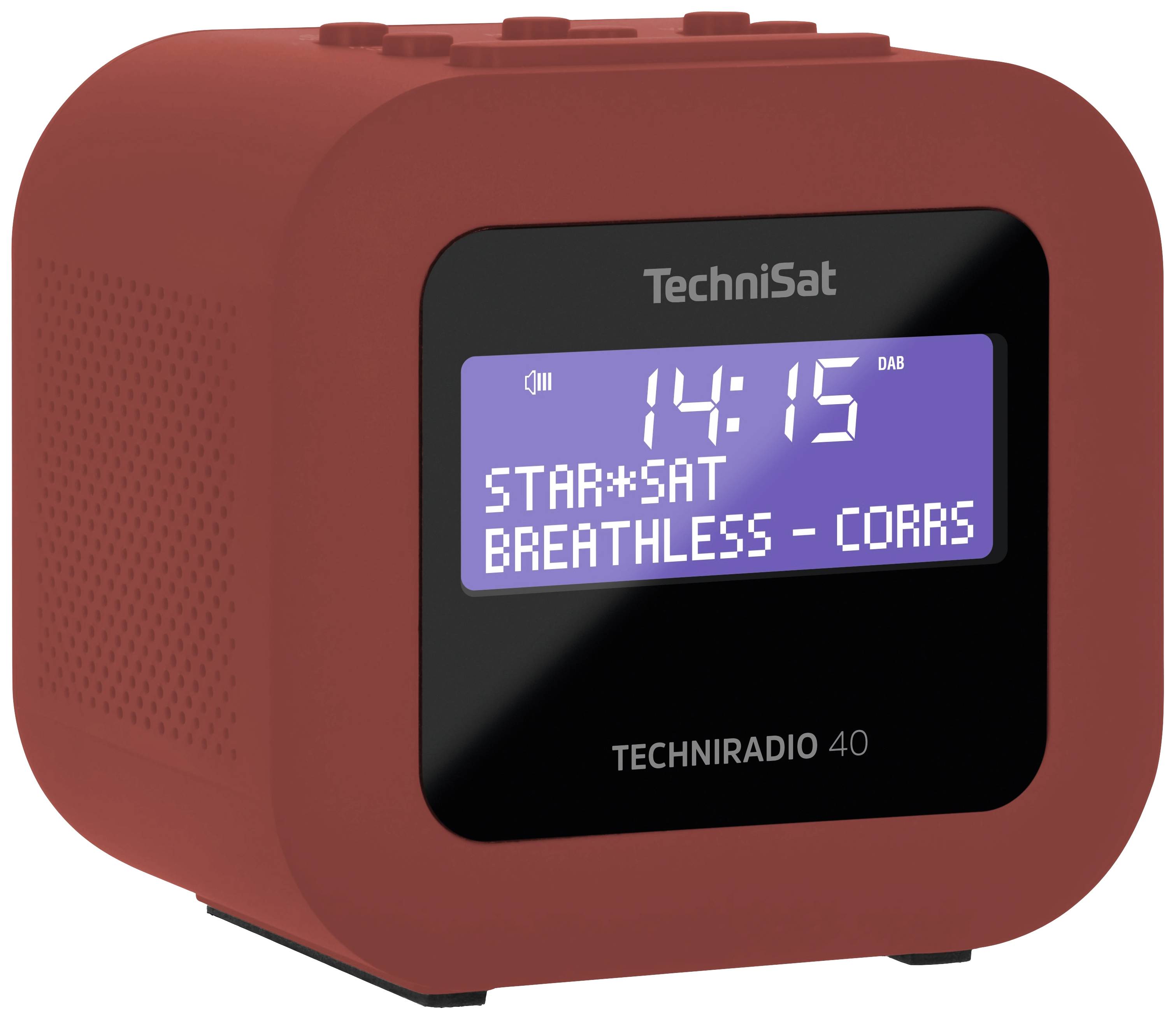 Obrázek ukazuje červené digitální rádio značky 'TechniSat'. Na displeji je zobrazený čas 14:15 a skladba 'Breathless - Corrs'.