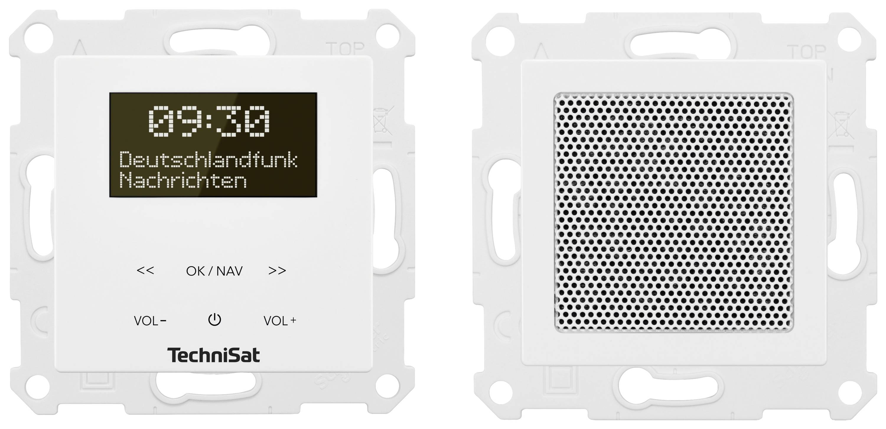 Digitální rozhlasový a reproduktorový systém pro nástěnnou montáž. Levý displej zobrazuje '09:30 Zprávy Deutschlandfunk'. Pravá strana obsahuje reproduktor.