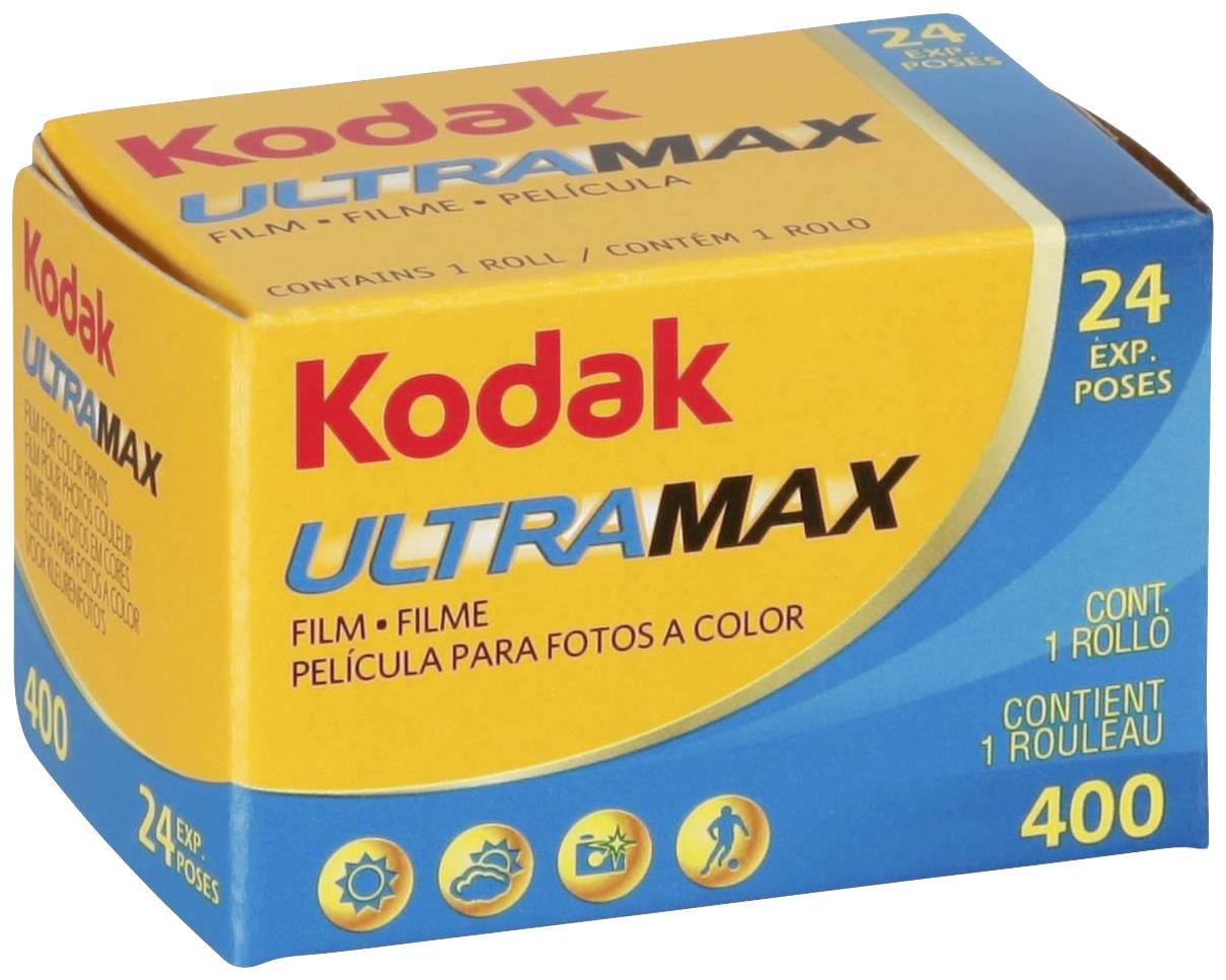Kodak UltraMax 400 barevná filmová krabička, obsahuje 24políčkový barevný film. Hlavní barvy obalu jsou žlutá a modrá.