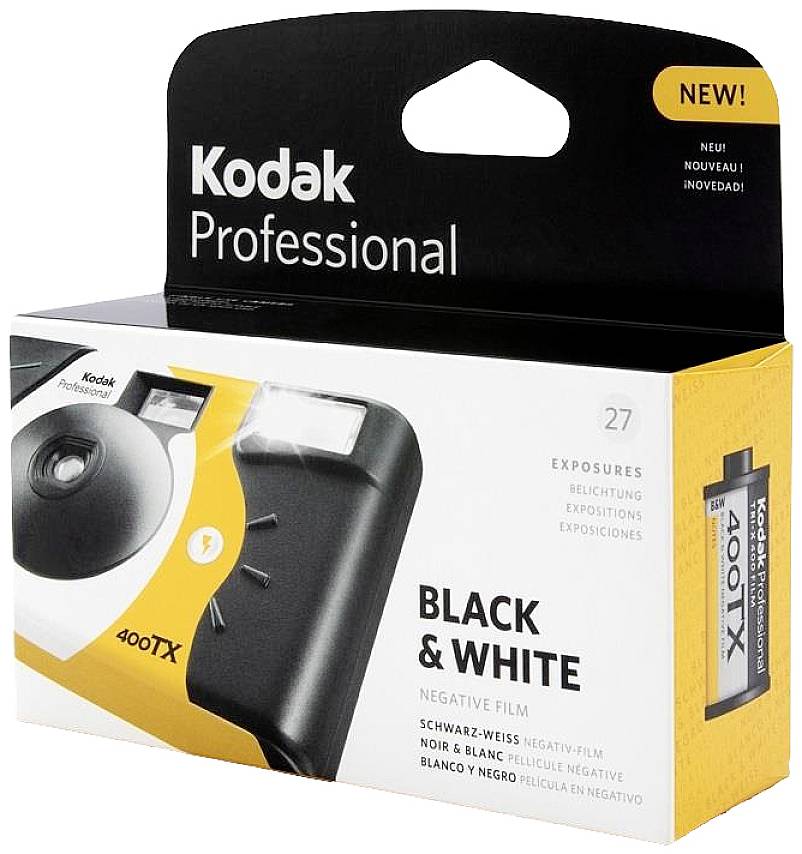 Profesionální černobílý filmový obal Kodak s vyobrazením fotoaparátu. Text '27 expozic 400 TX' propaguje černobílé filmy.