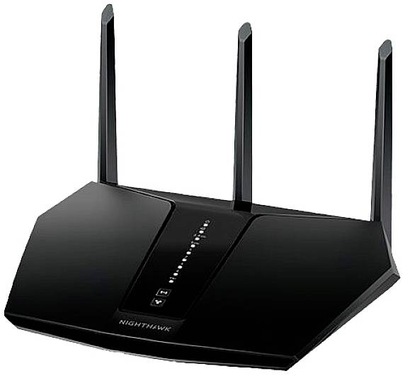 Černý Wi-Fi router se třemi anténami. Model 'Nighthawk'. Zařízení zobrazuje stavové kontrolky a je určeno pro bezdrátové síťové streamování.