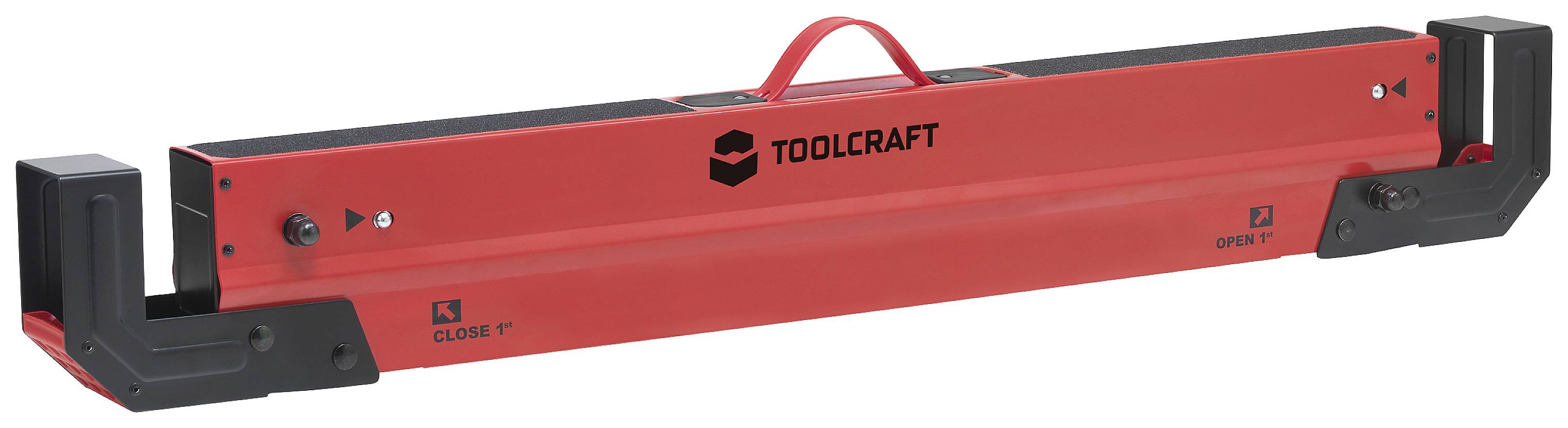 Červená montážní pomůcka TOOLCRAFT pro laminátové podlahy s černou rukojetí a koncovkami, určená k podpoře pokládky podlahy.