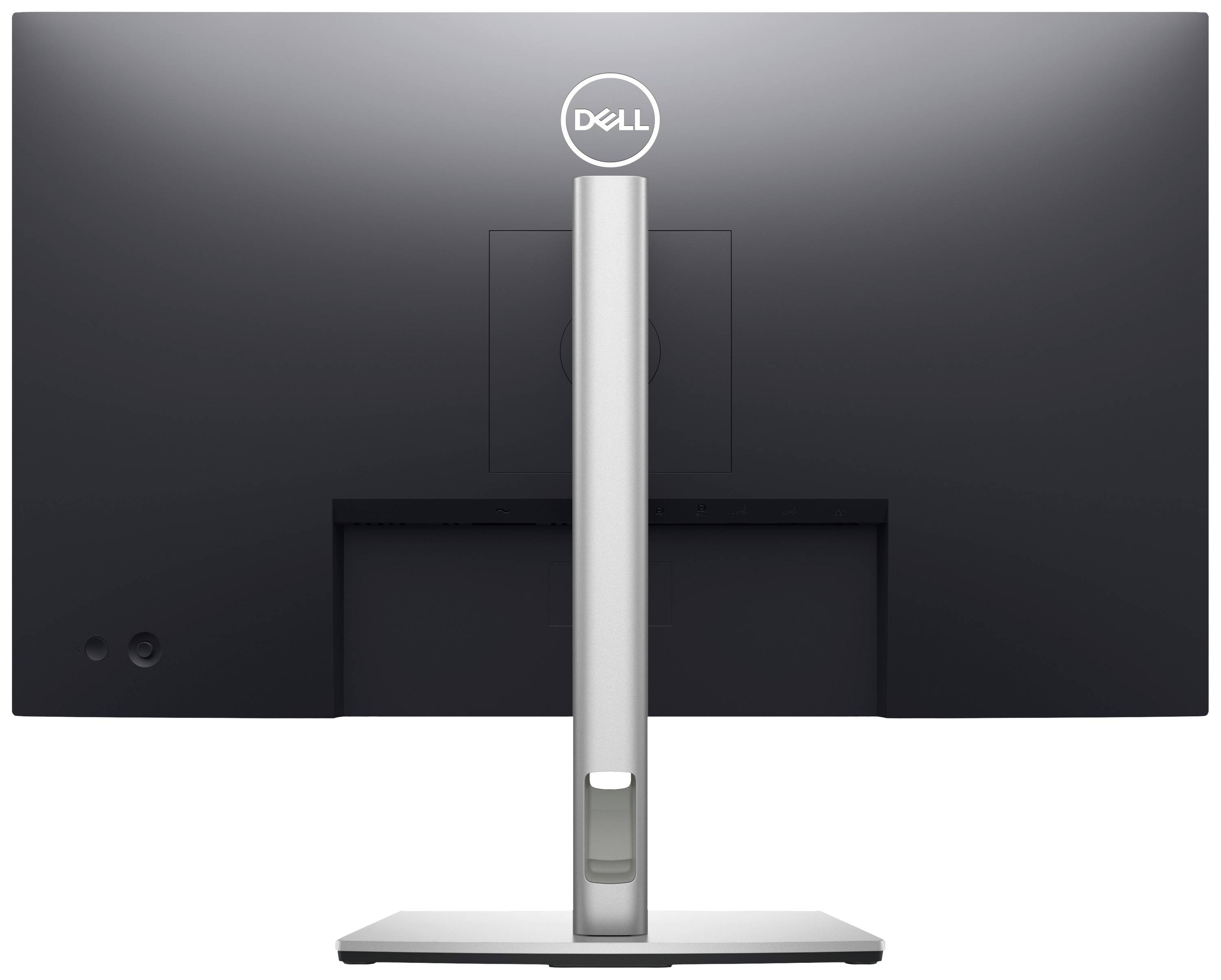 Pohled zezadu na černý monitor se stříbrným stojanem, vyrobený společností Dell. Monitor má jednoduché, moderní designové provedení.
