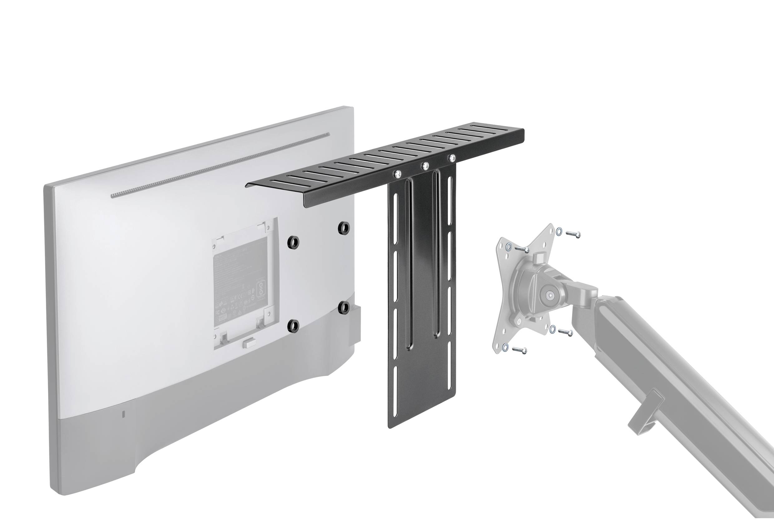 Obrázek nástěnného držáku na monitor, skládající se z držáku, ramena a šroubů pro upevnění.