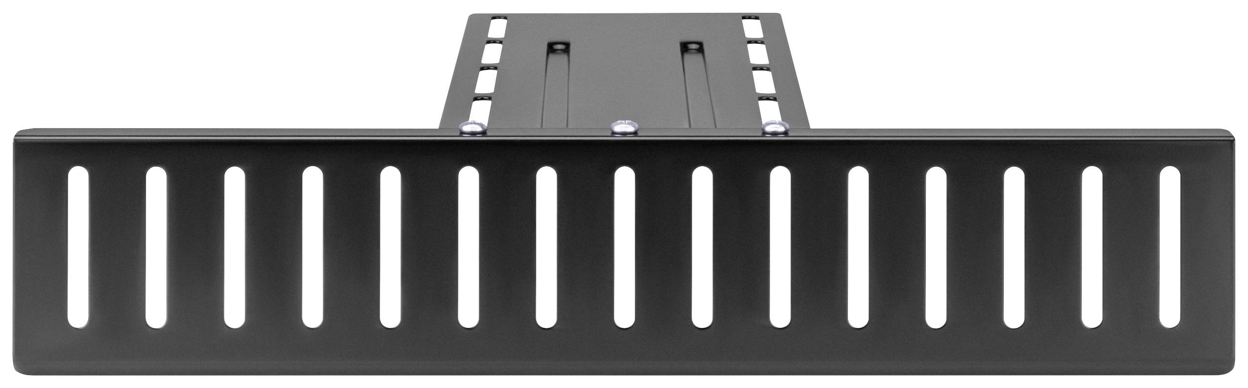 Obdélníkový kovový regál s vertikálními drážkami pro upevnění zařízení do racku.