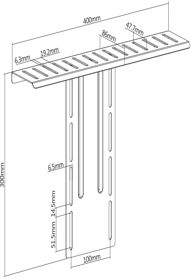 Montážní návod na kovový regál. Zobrazuje T-profil s podrobnými rozměry: šířka 400 mm, výška 300 mm.