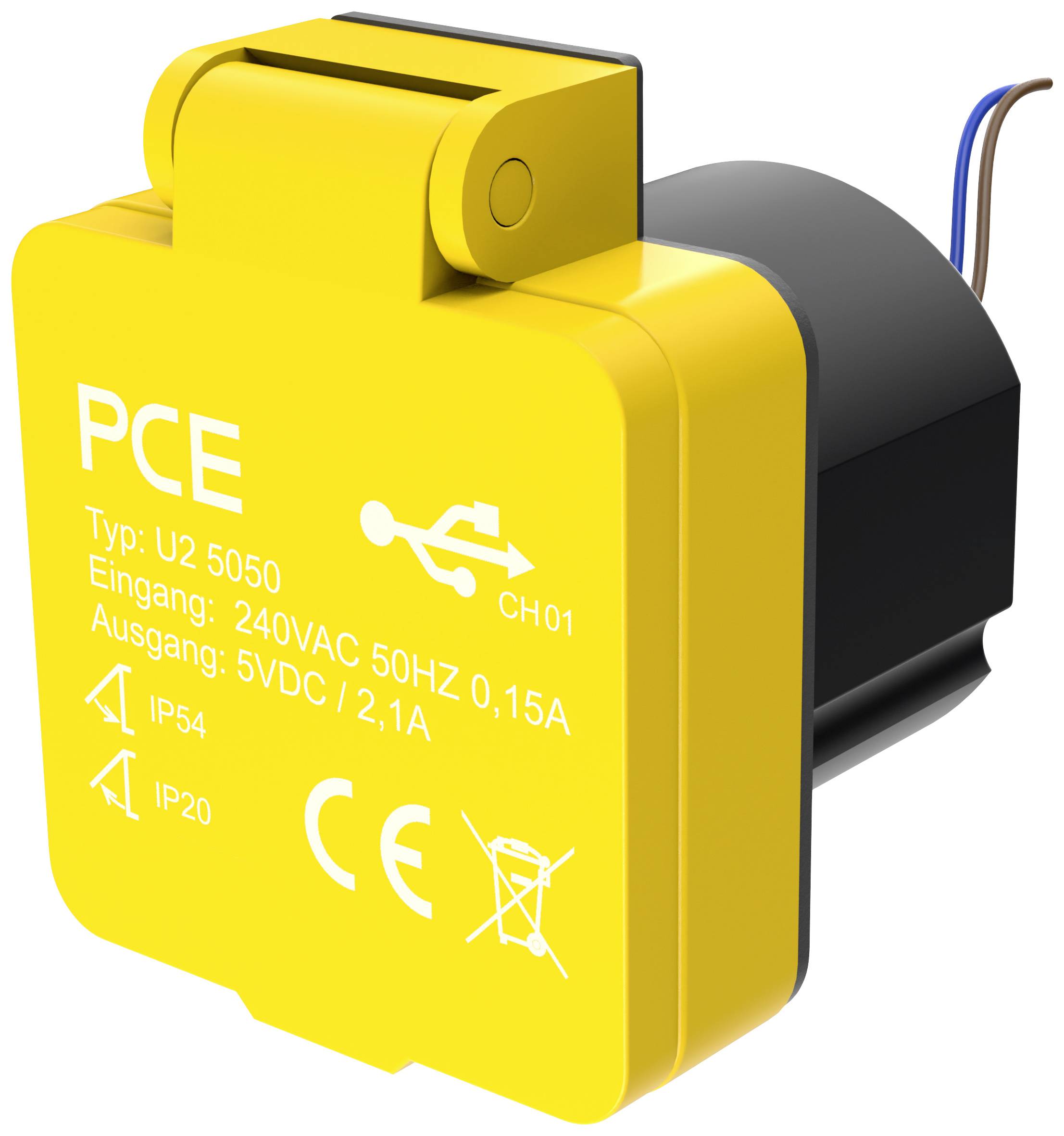 Žluté nabíjecí zařízení s USB připojením, typ U2 5050 od PCE, vstup 240VAC, 50Hz, 0,15A, výstup 5VDC, 2,1A, symbol CE certifikace.