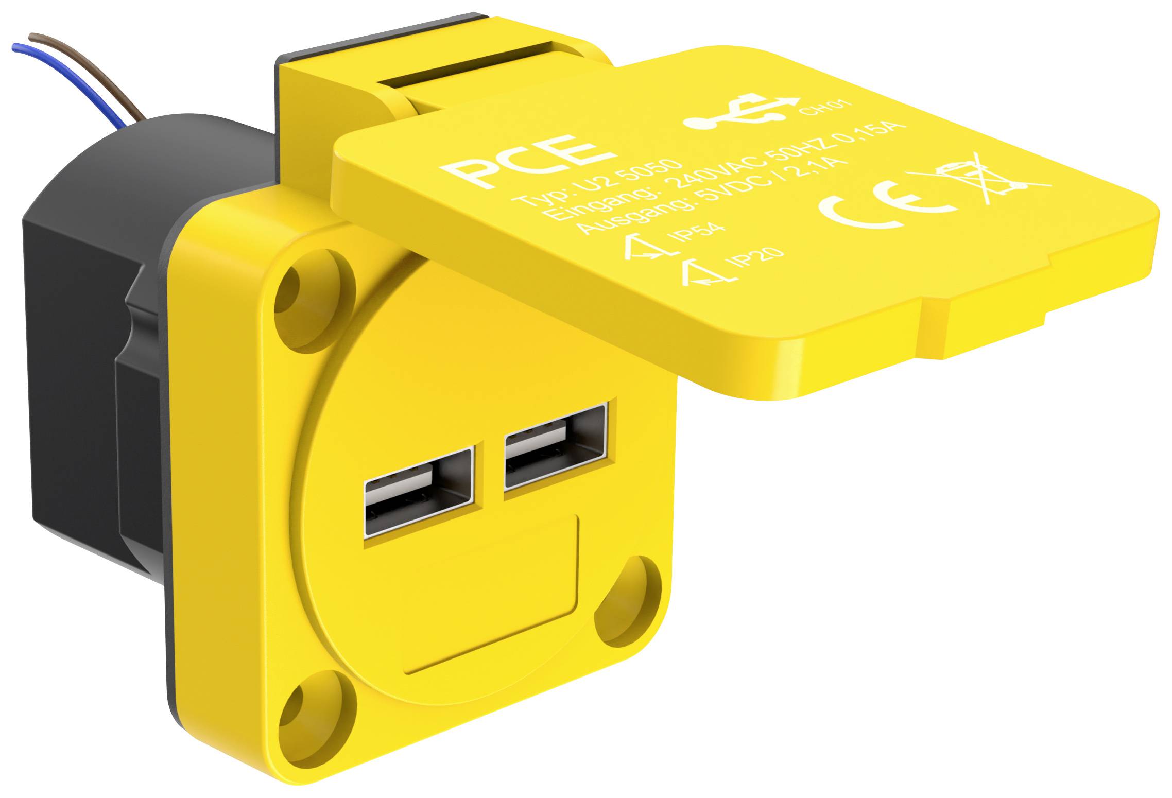 Žlutá zásuvka se dvěma USB porty, zobrazená z boku, s otevřeným ochranným krytem.