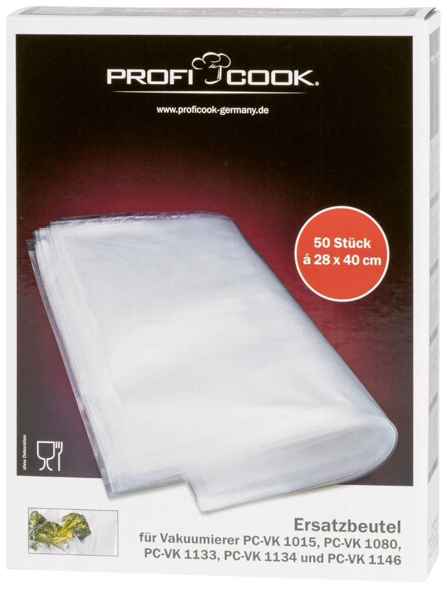 Náhradní sáčky pro vakuové balení modelů PC-VK 1015, PC-VK 1080, PC-VK 1133, PC-VK 1134 a PC-VK 1146; velikost: 28 x 40 cm, 50 kusů.