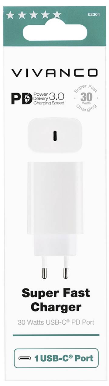 Nabíječka s USB-C portem, Power Delivery 3.0, 30 wattů, pro rychlé nabíjení. Balení zobrazuje značku Vivanco.