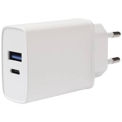 Bílá USB nabíječka s USB-A a USB-C portem, vhodná pro evropské zásuvky.