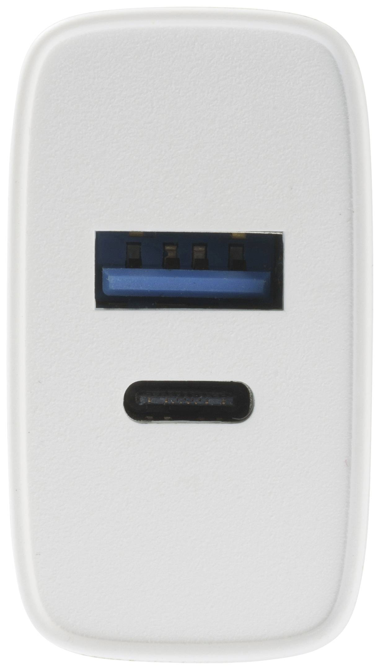 USB nabíječka s USB-A a USB-C konektorem na bílém pozadí.