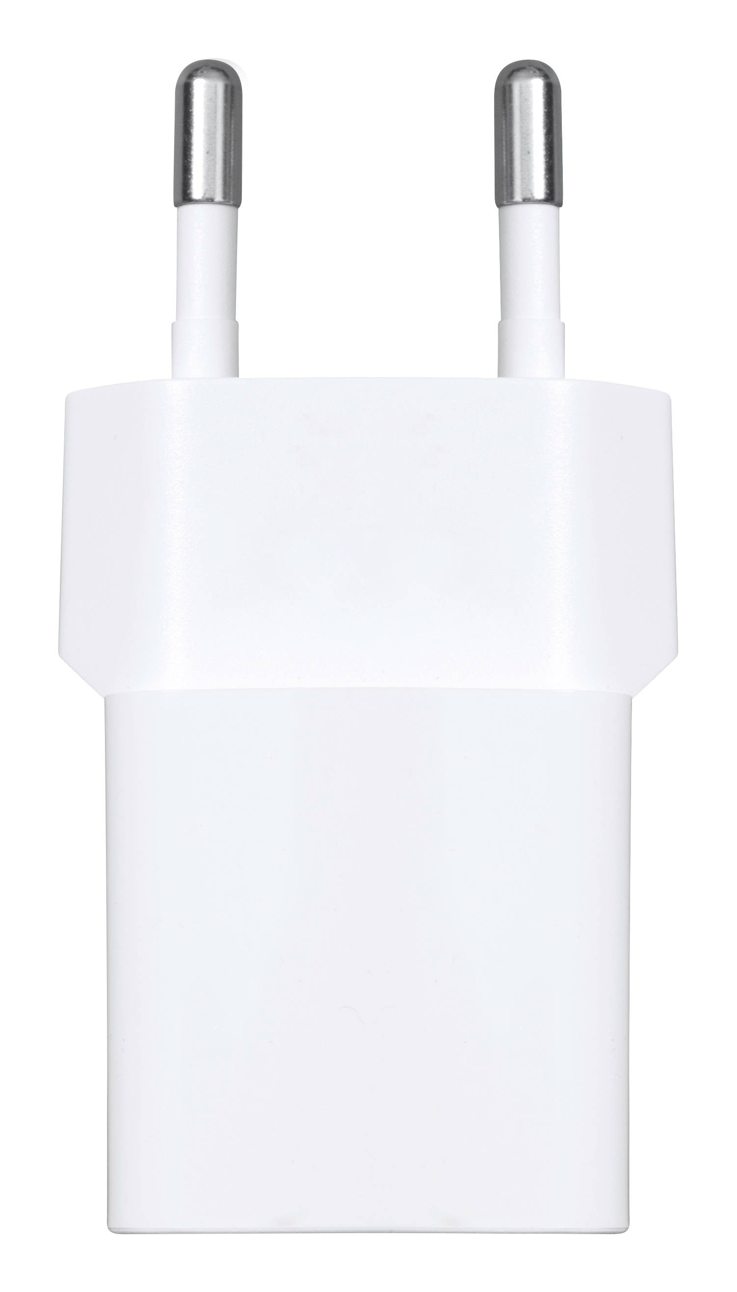 Bílá USB nabíječka s evropskou zástrčkou, vhodná pro mobilní zařízení.