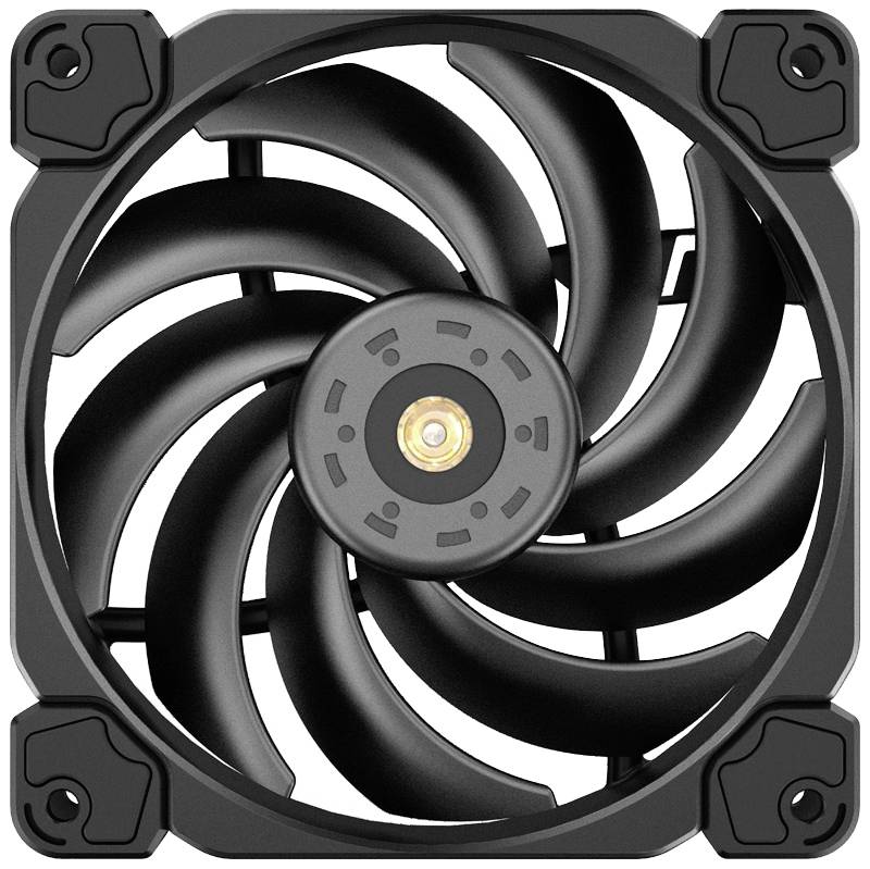 Černý počítačový ventilátor s devíti zahnutými lopatkami, namontovaný v hranatém krytu, slouží k chlazení počítačových komponentů.