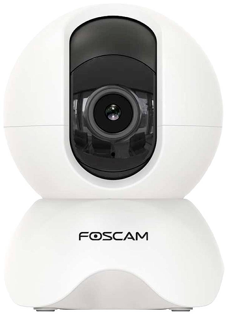 Bezpečnostní kamera Foscam v bílé barvě s kulatým designem a centrálním objektivem, vhodná pro vnitřní monitorování.