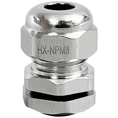 Stříbrná kovová hlava kabelové průchodky s nápisem 'HX-NPM8', která se běžně používá pro upevnění kabelu v elektrických rozváděčích.