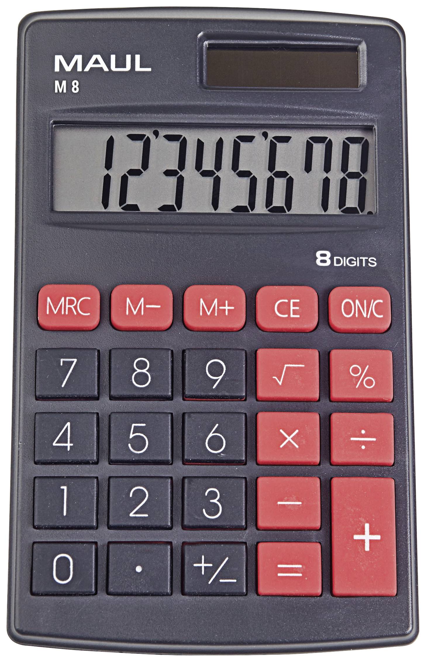 Kalkulačka s černým tělem a červenými tlačítky zobrazuje číslo 12345678 na displeji. Má tlačítka pro základní matematické operace.