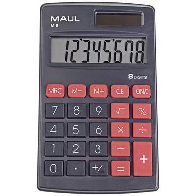 Kalkulačka s černým tělem a červenými tlačítky zobrazuje číslo 12345678 na displeji. Má tlačítka pro základní matematické operace.