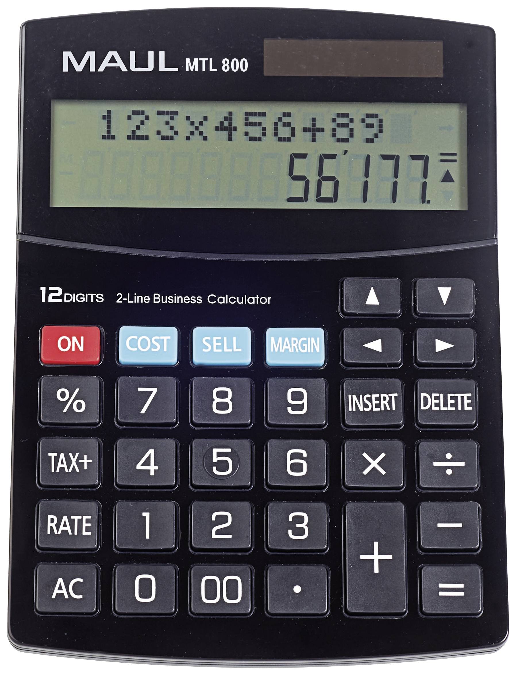 Elektronický kalkulátor s dvouřádkovým displejem; horní řádek zobrazuje '123+456+89', dolní řádek zobrazuje '56177'.